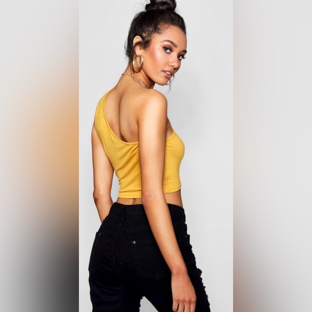 GB (Juniors) Knit One Shoulder Cropped Tank Top Yellow Seasonal Size M - Picture 2 of 6